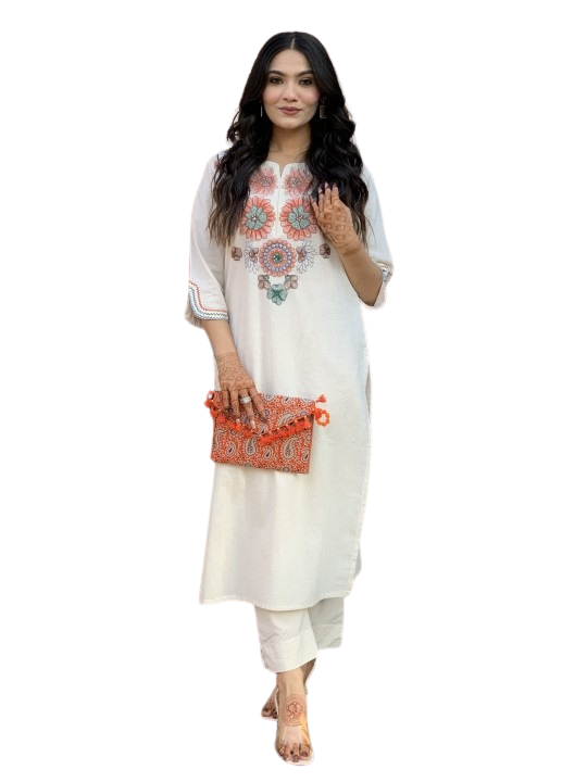 Women's Cotton Ethnic Set with Kurta, Palazzo & Dupatta(XL)