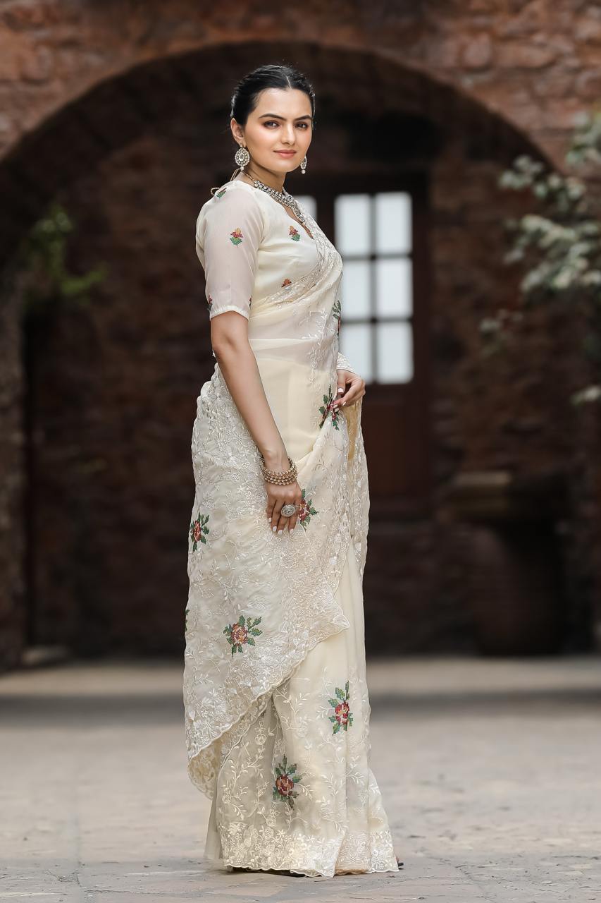Women's Elegant Sage Green Georgette Saree with Delicate Floral Embroidery & Sequin Work – Perfect for Summer Festivities & Day Events - Image 5