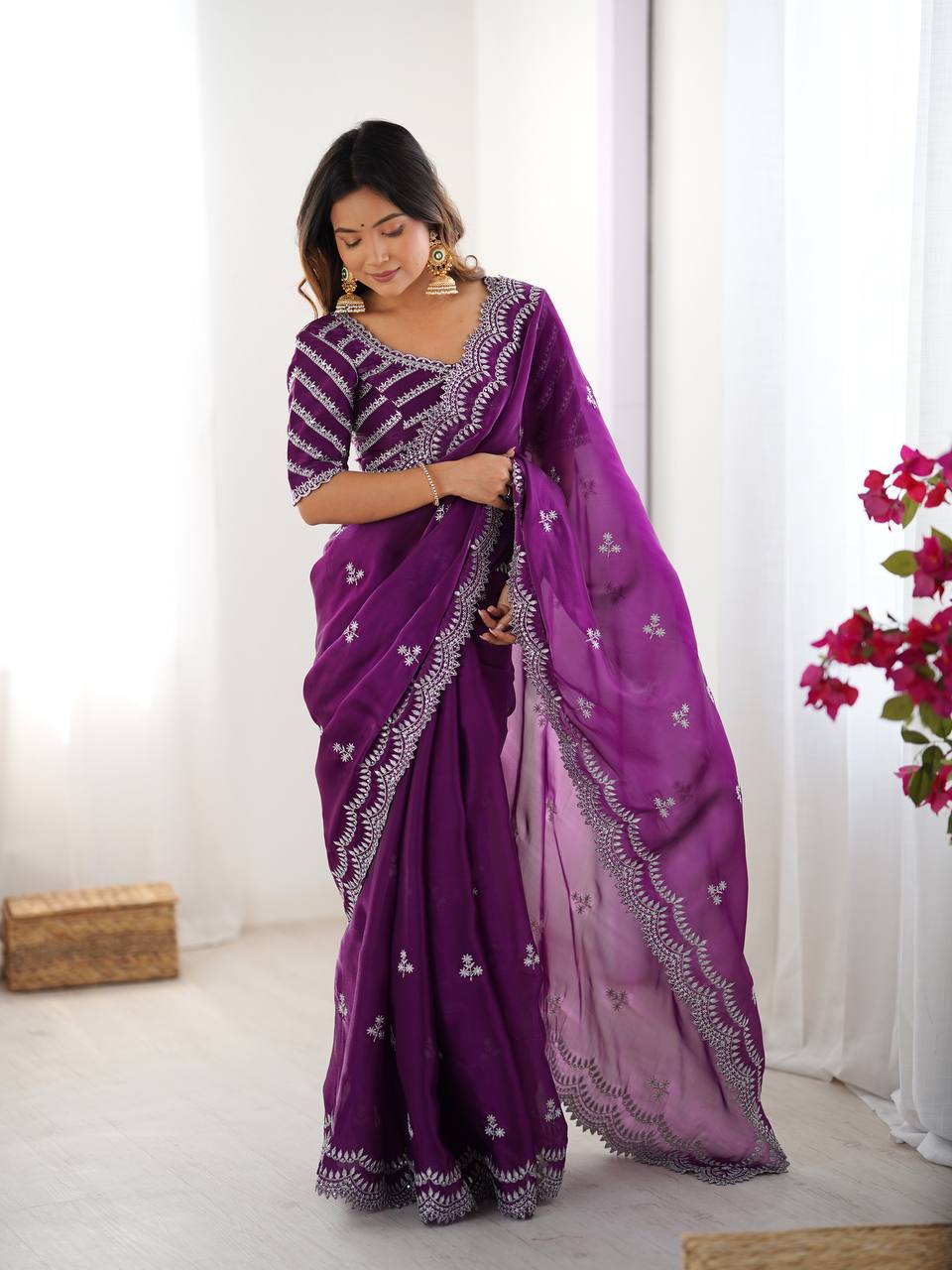 Women's Elegant Regal Purple Georgette Saree with Intricate Silver Thread & Sequin Embroidery – Complete with Embellished Blouse Piece for Festive & Party Wear - Image 9