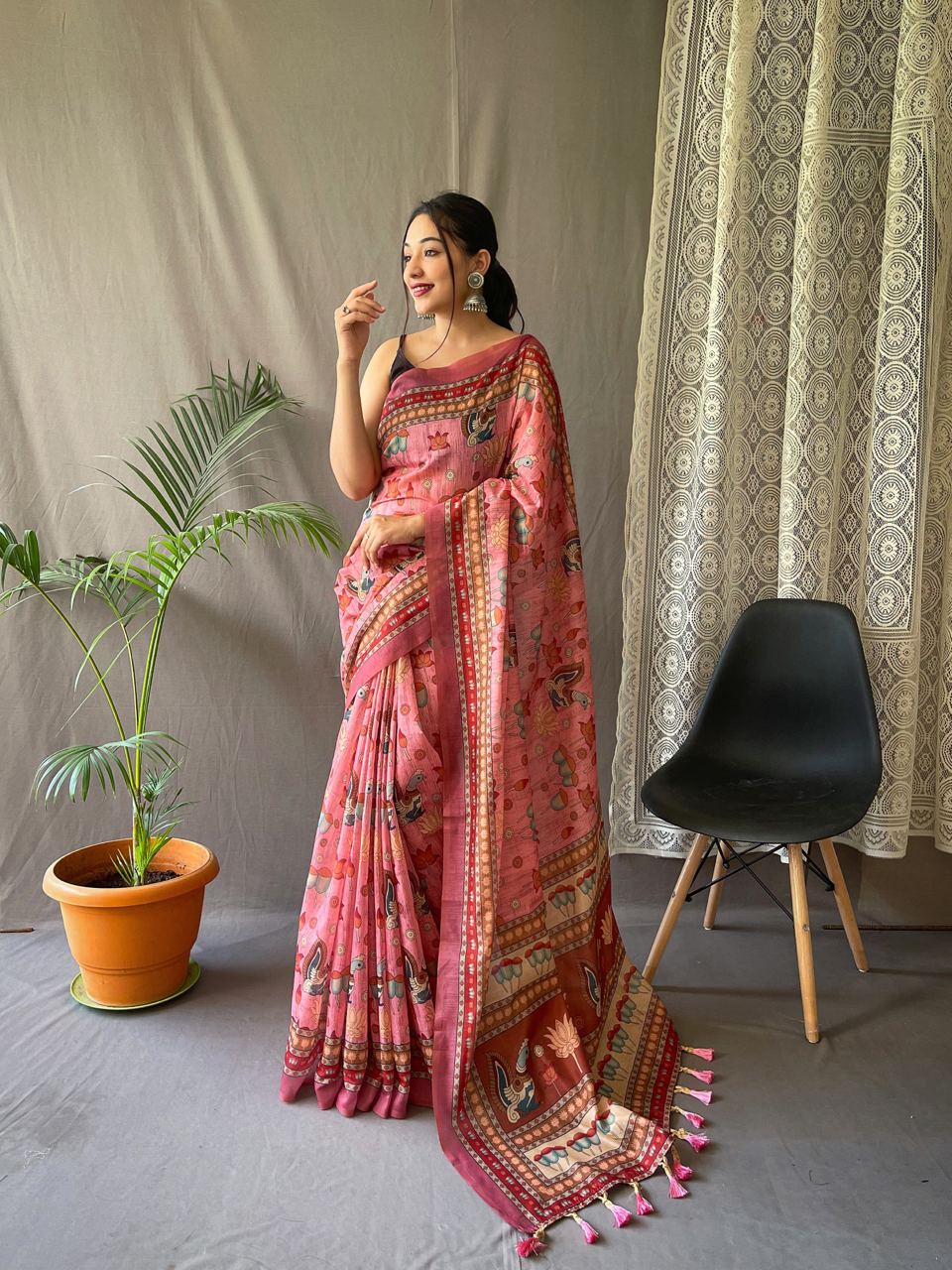Women's Artistic Terracotta Orange Linen Saree with Kalamkari Inspired Print & Tassel Detailing – Perfect for Casual Festivities & Cultural Events - Image 5